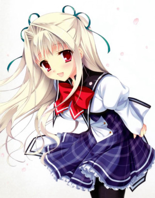 Girl whitehair redbowtie blue dress - long white hair free wallpaper for mobile