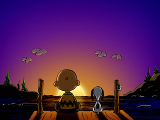 Cartoon boy dock sunset water - charles schulz free wallpaper
