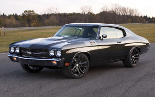 Black muscle car road grass - a black muscle car free wallpaper