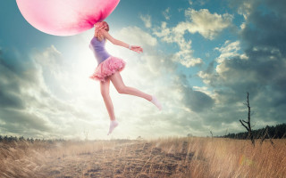 Girl pink dress holding balloon - surreal photography free wallpaper