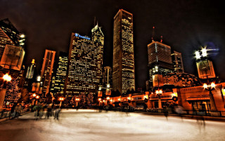 City night skating ice rink 2 - the building and trees free wallpaper