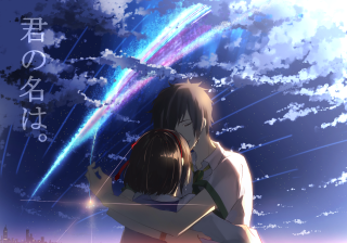 Couple hugging rainbow sky clouds - kyoani free wallpaper