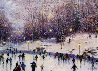 Night skaters rink lights snow - american impressionism free wallpaper