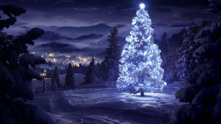 Lit christmas tree snowy night - matte painting free wallpaper