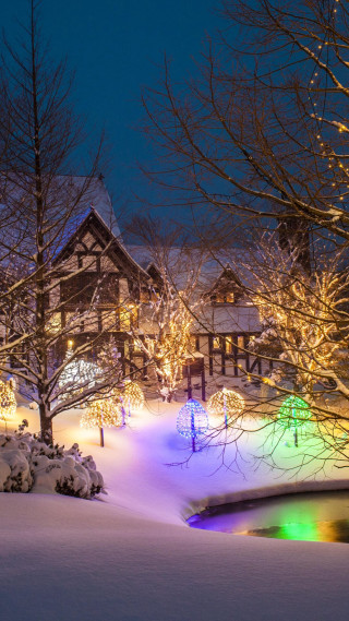 Snowy landscape lit house trees - free winter wallpaper for mobile