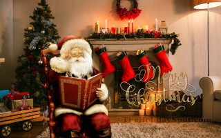 Santa claus reading book fireplace - folk art free wallpaper
