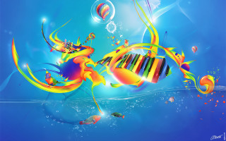 Colorful piano fish bubbles blue - bubble free wallpaper for desktop