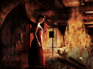 Woman red dress fire demon - behind her free wallpaper