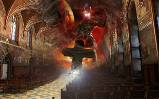 Man church demon figure middle - concept design art free wallpaper for desktop