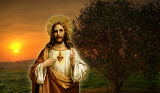 Jesus holding heart sunset background - a painting of jesus holding free wallpaper for desktop
