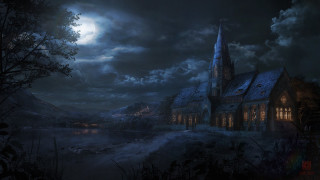 Church moonlight full moon dark - matte painting concept art free wallpaper for desktop