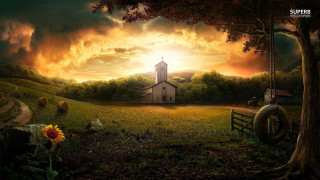 Church field sunflower tree painting - gothic art free wallpaper for desktop