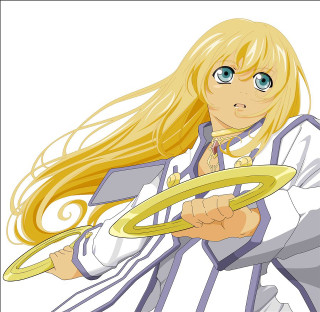 Cartoon character holding frisbee smiling - long blonde hair free wallpaper for tablet