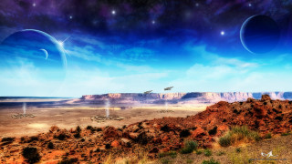 Desert mountain sky planets plane - david free wallpaper for desktop