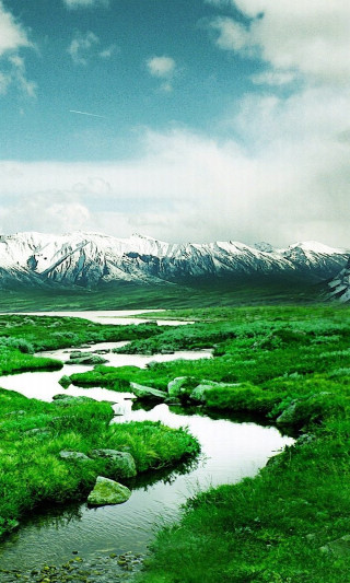 River lush green field cloudy - free winter wallpaper for mobile
