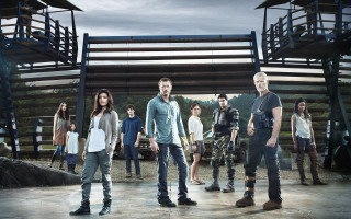 Group people standing building staircase - assemblage free wallpaper