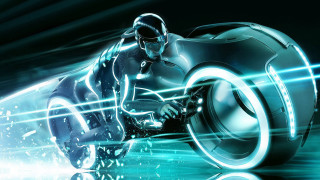 Futuristic man motorcycle blue green - 8 k concept art free wallpaper for desktop