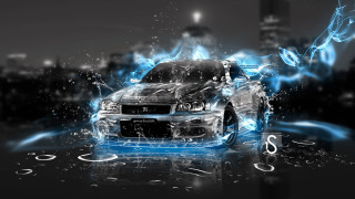 Car blue lights city smoke 2 - a city in the background free wallpaper for desktop
