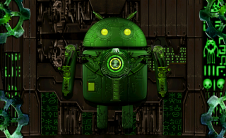 Green robot glowing eyes background - les automatiste free wallpaper