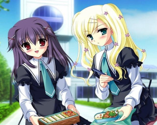Anime girls bench food building - a building in the background free wallpaper for desktop