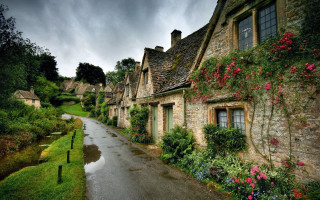 Stone houses flower street evgeny - a wet road free wallpaper