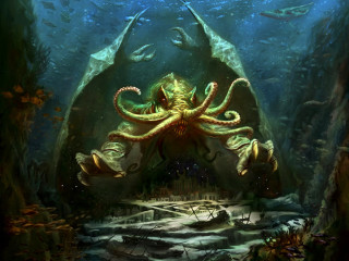 Octopus swimming gigantic fish cave - an octopus free wallpaper