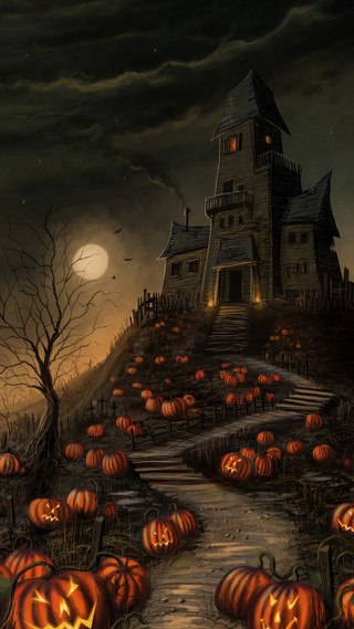 Halloween scene pumpkins house hill - free halloween wallpaper for mobile