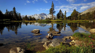 Lake rocks trees mountain blue 3 - ansel adams free wallpaper