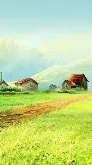 Rural landscape horse barn mountains - free retro wallpaper for mobile