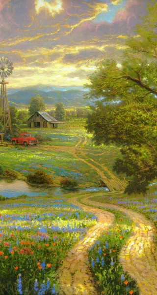 Farm windmill redtruck flowerfield sunset - field free wallpaper for mobile