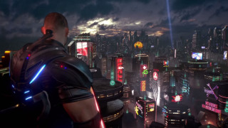 Man futuristic city night neon - a futuristic city in the background free wallpaper
