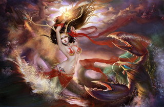 Woman red dress boat water - dark fantasy art free wallpaper