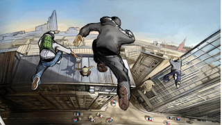 Skateboard jump bridge graffiti buildings - a skateboard in the air free wallpaper