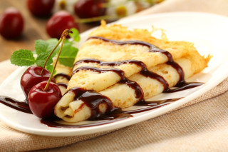Plate food cherries chocolate sauce - knife free wallpaper