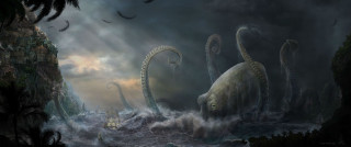Octopus boat mouth ship background - lovecraftian free wallpaper