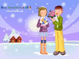 Boy giving girl bouquet snowy - a snowy day free wallpaper