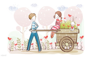 Man woman pushing wagon cart - a wagon free wallpaper