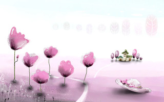 Pink flowers house boat water - storybook illustration free wallpaper