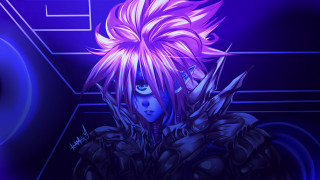 Anime pinkhair blueeyes cyberpunk armor - a blue light behind her free wallpaper