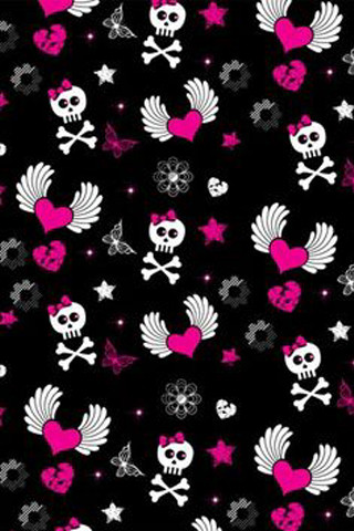 Black background pink white skulls - gothic free wallpaper