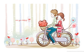 Man woman biking basket hearts - a forest background free wallpaper