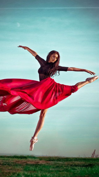 Woman red dress jumping arms - her arm free wallpaper for mobile