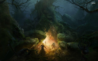 Man forest firepit woman doorway - a forest next free wallpaper