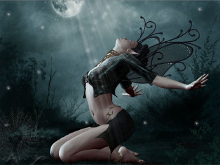 Woman butterfly wings sitting dark - a full moon behind her free wallpaper