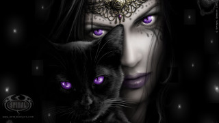 Woman purple eyes black cat 3 - purple eye free wallpaper