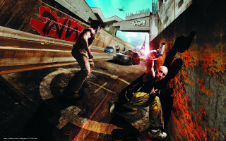 Two men playing game graffiti - a car in the background free wallpaper