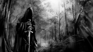 Dark forest hooded man sword - jacket holding free wallpaper