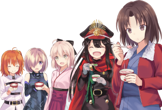 Anime girls group drinks food - each other holding free wallpaper