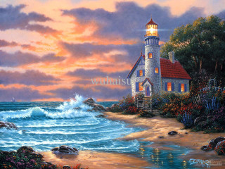 Lighthouse beach sunset waves crashing - dan mumford free wallpaper