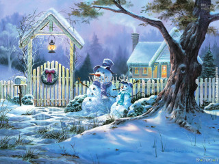 Snowman snowy yard house tree - a fine art painting free wallpaper